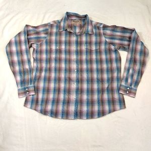 WRANCHER BY WRANGLER PURPLE AND BLUE PLAID PEARL SNAP WESTERN SHIRT SIZE XL